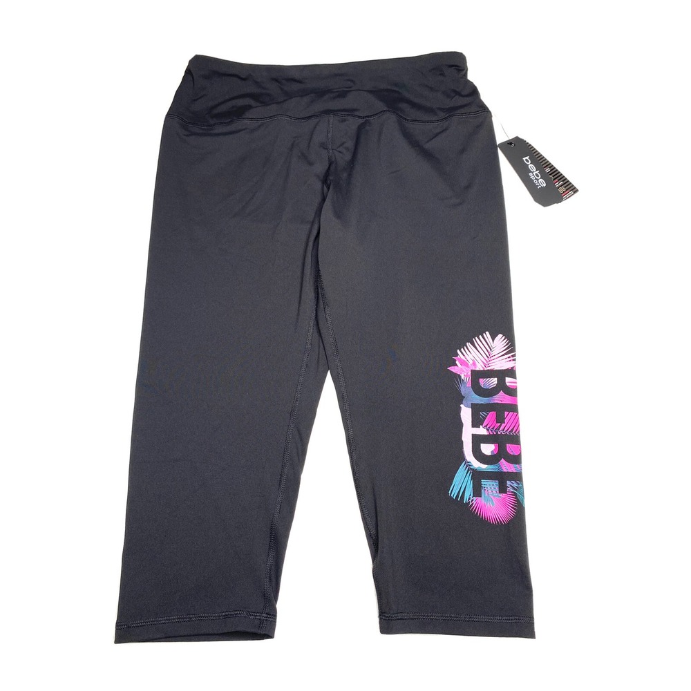 Bebe Sport Tropical Logo Capri Leggings Black Pink Lilac 1X BP1188A